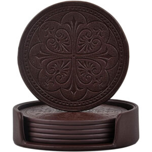 Round Faux Leather Drink Coaster Set with Storage Holder (Set of 6)